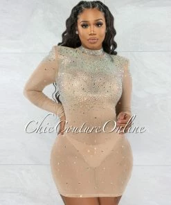 Vendor-unknown Patrina Nude Iridescent Rhinestones Mesh Mini Dress JUST IN