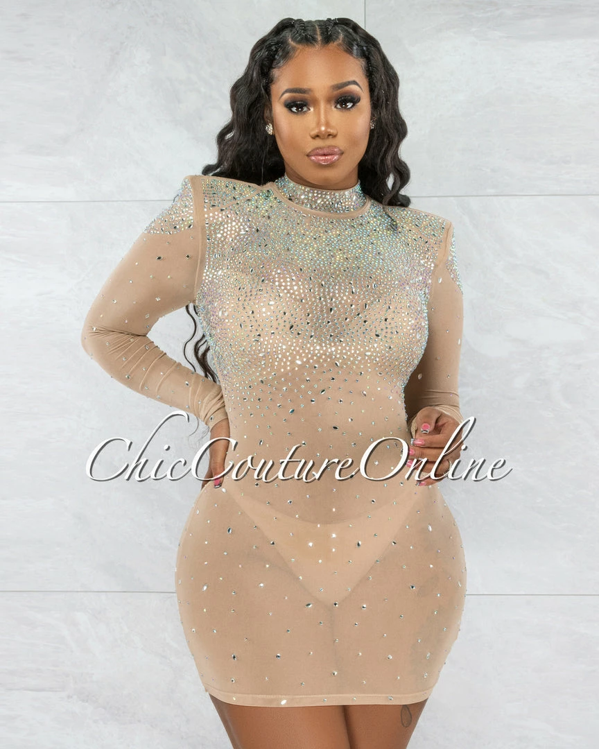 Vendor-unknown Patrina Nude Iridescent Rhinestones Mesh Mini Dress JUST IN