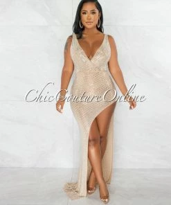 Chic Couture Online Kelby Nude Mesh Rhinestones Side Slit Maxi Dress