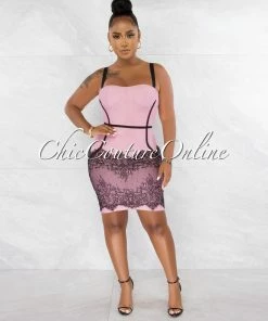 Chic Couture Online Earvin Pink Black Trim Lace Hem Bandage Dress