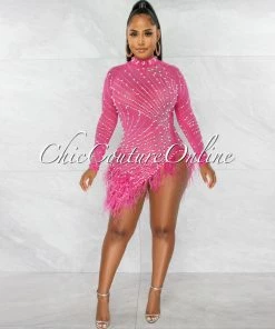 Chic Couture Online Rhesa Bubblegum Pink Rhinestones Pearls & Feathers Mesh Mini Dress JUST IN