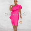 Chic Couture Online Annette Hot Pink Single Shoulder Ruffle Bandage Midi Dress