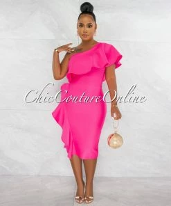 Chic Couture Online Annette Hot Pink Single Shoulder Ruffle Bandage Midi Dress