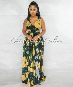 Vendor-unknown Jomey Black Yellow Print Back Lace-Up Maxi Ruffle Dress JUST IN