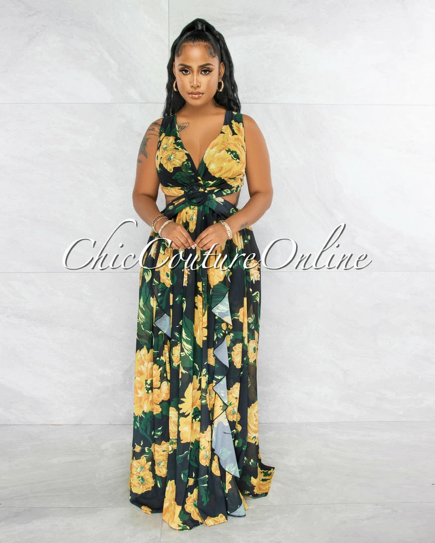 Vendor-unknown Jomey Black Yellow Print Back Lace-Up Maxi Ruffle Dress JUST IN