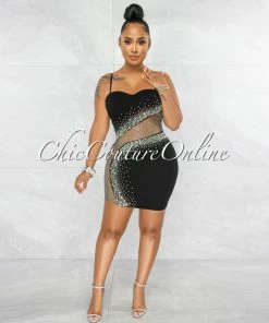 Vendor-unknown Toraya Black Fishnet Accent Rhinestones Dress