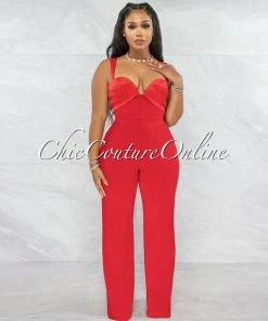 Vendor-unknown Avari Red Sweetheart Satin Neckline Jumpsuit