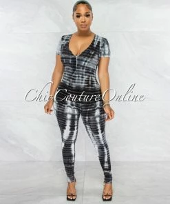 Chic Couture Online Maya Black White Tie-Dye Print V-Neck Jumpsuit