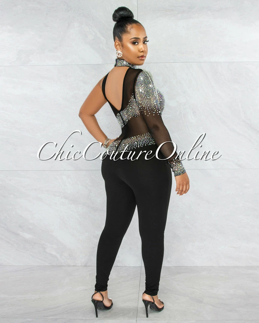 Vendor-unknown JUST IN Zulia Black Mesh Rhinestones Single Sleeve Jumpsuit