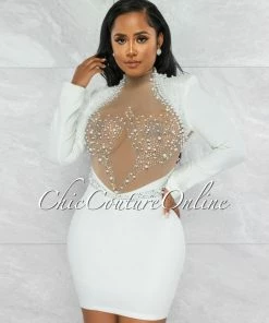 Vendor-unknown Yecenia Off-White Nude Mesh Rhinestones & Pearls Mini Dress
