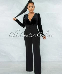 Vendor-unknown Lapis Black Velvet Rhinestones Details Top Belt Jumpsuit