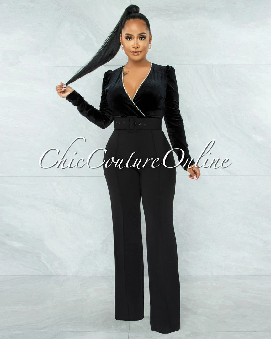 Vendor-unknown Lapis Black Velvet Rhinestones Details Top Belt Jumpsuit