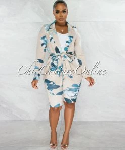 Chic Couture Online Luther Nude Green Leaf Print Blazer & Biker Shorts Set JUST IN