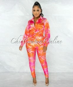 Chic Couture Online JUST IN Dabney Orange Palm Print Satin Shirt & Leggings Set