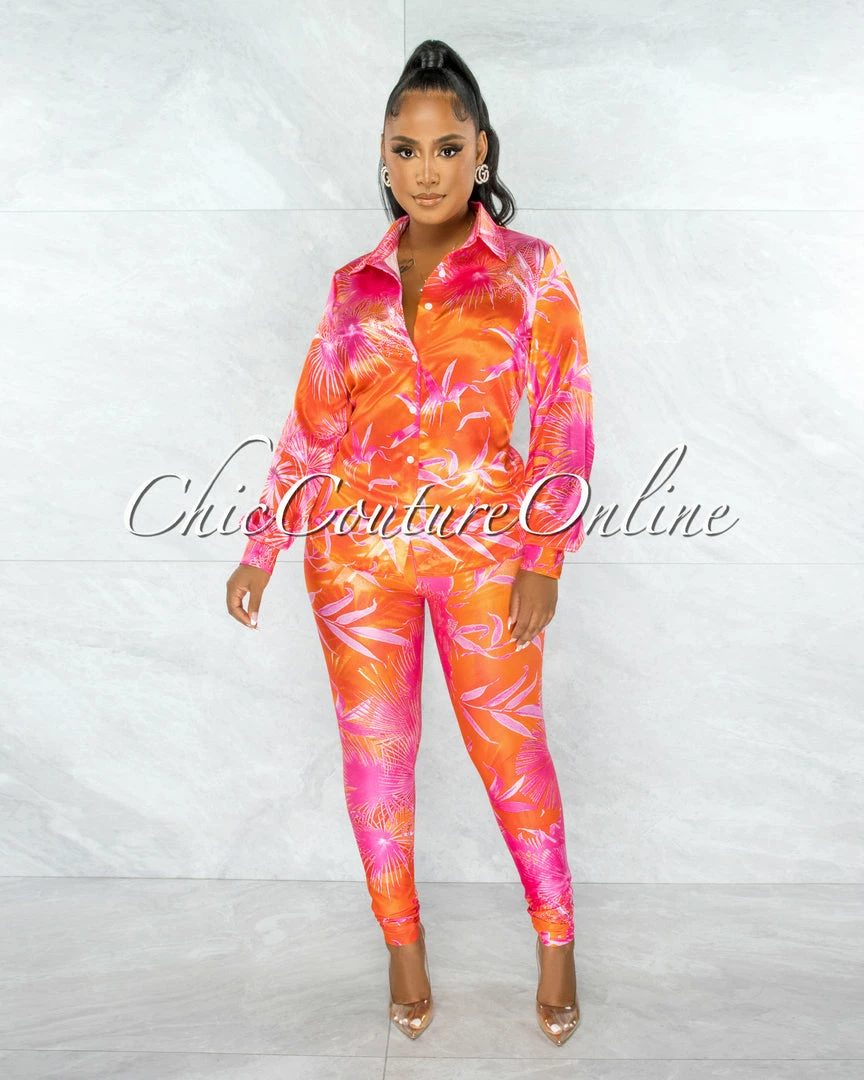 Chic Couture Online JUST IN Dabney Orange Palm Print Satin Shirt & Leggings Set
