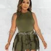 Chic Couture Online Granier Olive Green Bodysuit & Fringe Shorts Set JUST IN