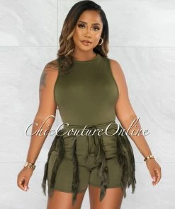 Chic Couture Online Granier Olive Green Bodysuit & Fringe Shorts Set JUST IN
