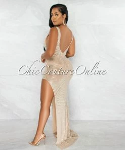 Chic Couture Online Kelby Nude Mesh Rhinestones Side Slit Maxi Dress