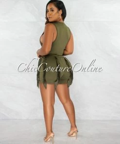 Chic Couture Online Granier Olive Green Bodysuit & Fringe Shorts Set JUST IN