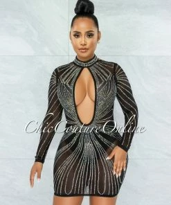 Vendor-unknown Nadilia Black Iridescent Rhinestones Mesh Sheer Dress JUST IN