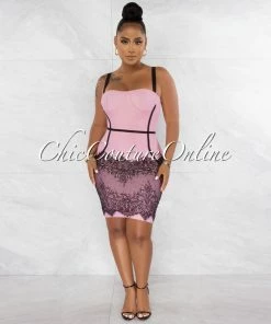 Chic Couture Online Earvin Pink Black Trim Lace Hem Bandage Dress