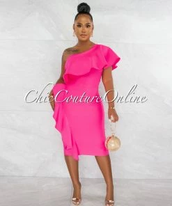 Chic Couture Online Annette Hot Pink Single Shoulder Ruffle Bandage Midi Dress