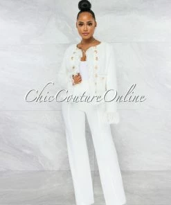 Vendor-unknown JUST IN Ledell Off-White Gold Buttons Décor Tweed Fringe Jacket