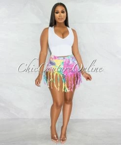 Vendor-unknown JUST IN Dolly Cotton Candy Tie-Dye Distressed Fringe Denim Shorts