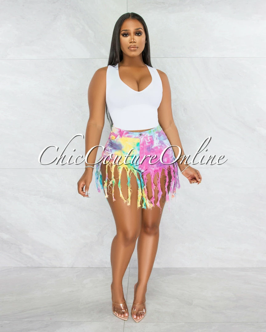 Vendor-unknown JUST IN Dolly Cotton Candy Tie-Dye Distressed Fringe Denim Shorts