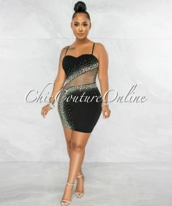 Vendor-unknown Toraya Black Fishnet Accent Rhinestones Dress
