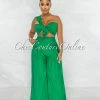 Chic Couture Online Paris Emerald Green Knotted Crop Top & Wide Pants Set
