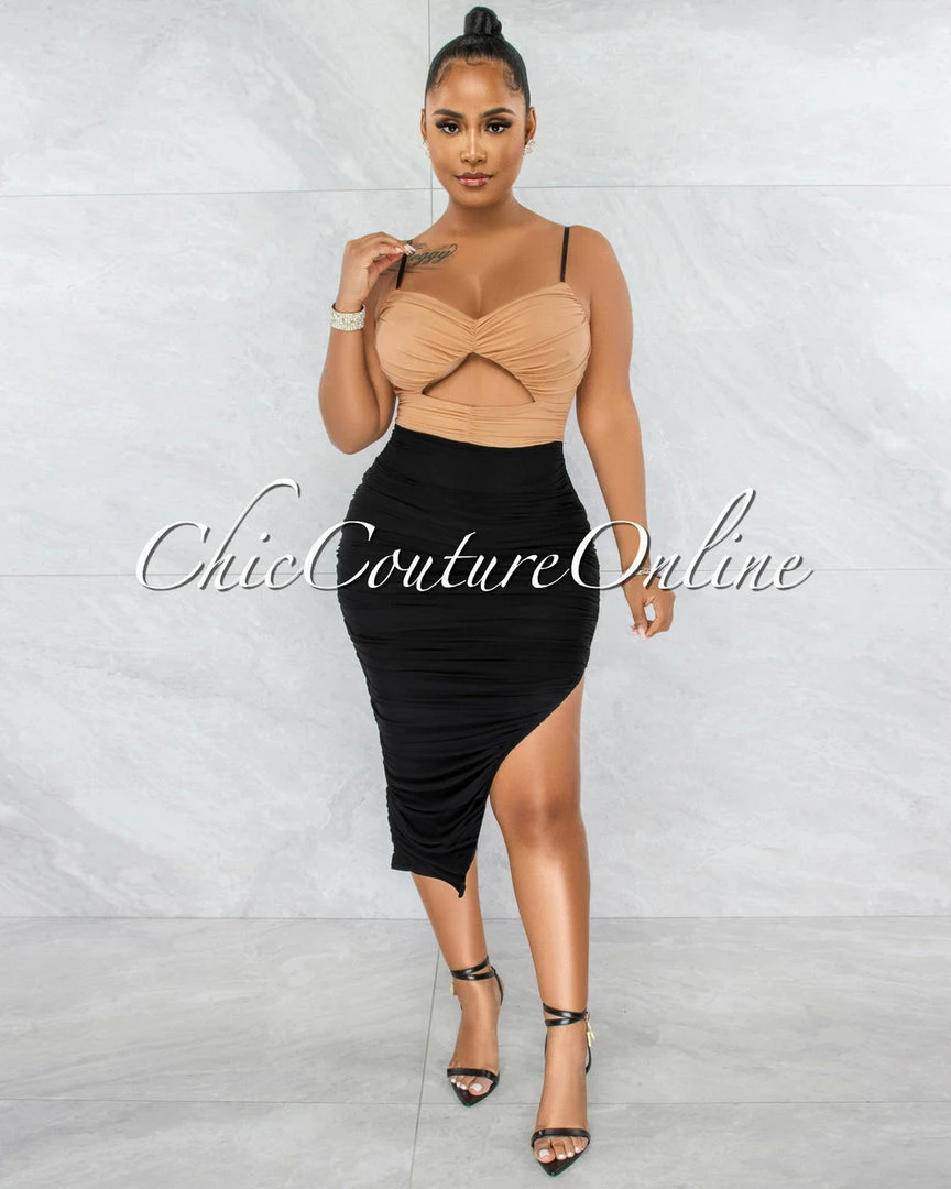 Vendor-unknown Tanny Black Nude Mesh Ruched Two-Tone Midi Dress