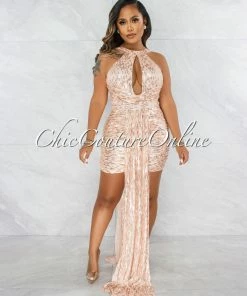 Vendor-unknown Guru Nude Rose Gold Sequins Double Tail Mini Dress JUST IN