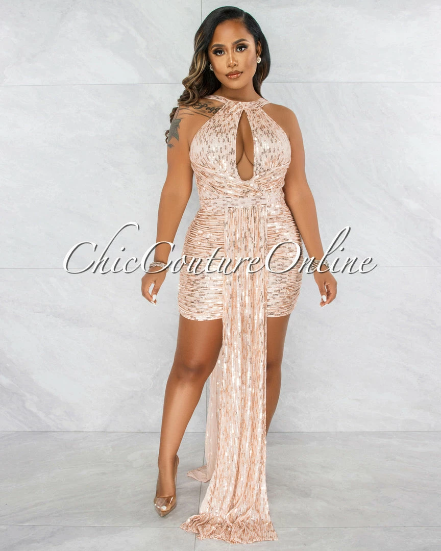 Vendor-unknown Guru Nude Rose Gold Sequins Double Tail Mini Dress JUST IN