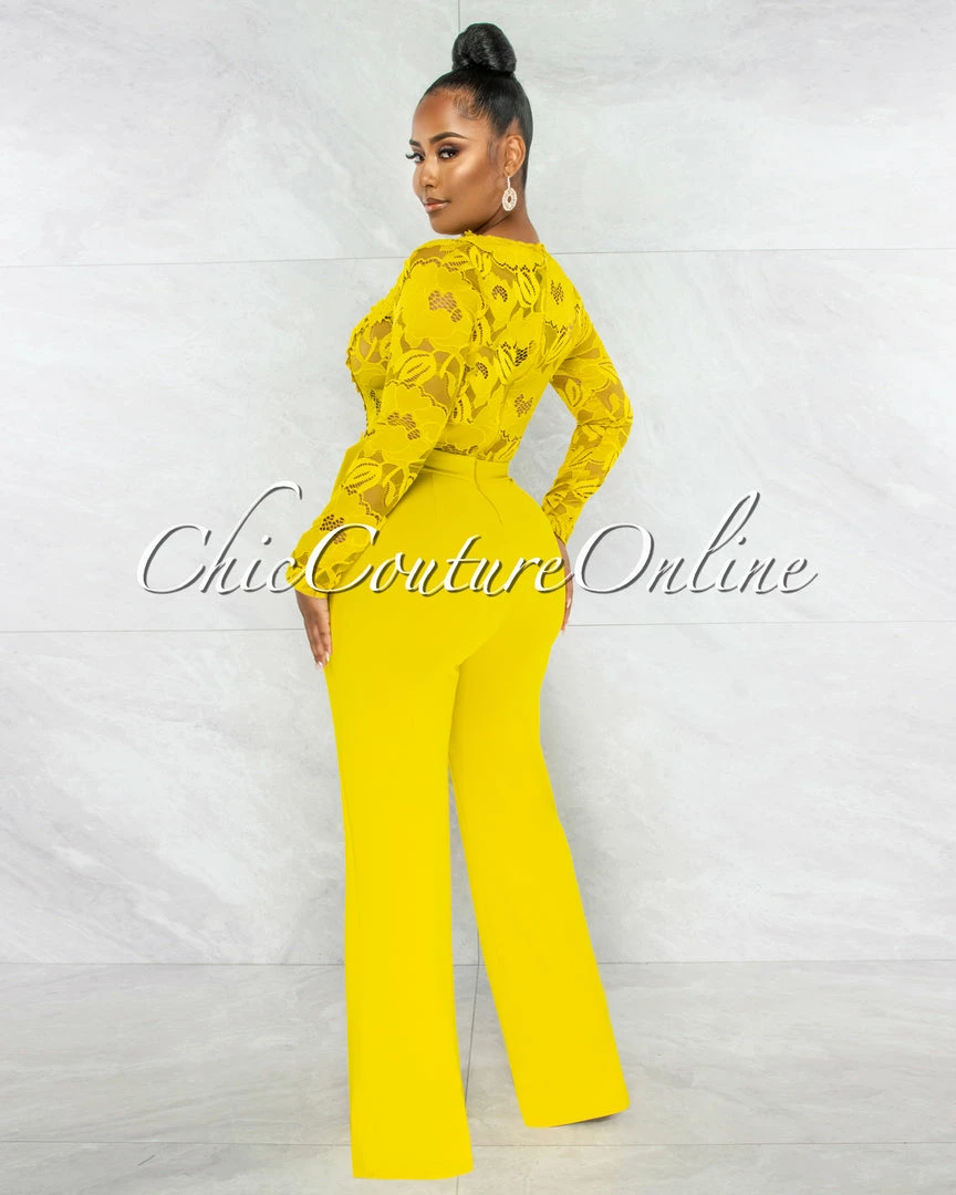 Chic Couture Online Neveh Lime Crochet Lace Sheer Top Gold Accent Jumpsuit