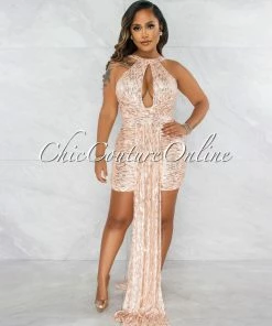 Vendor-unknown Guru Nude Rose Gold Sequins Double Tail Mini Dress JUST IN