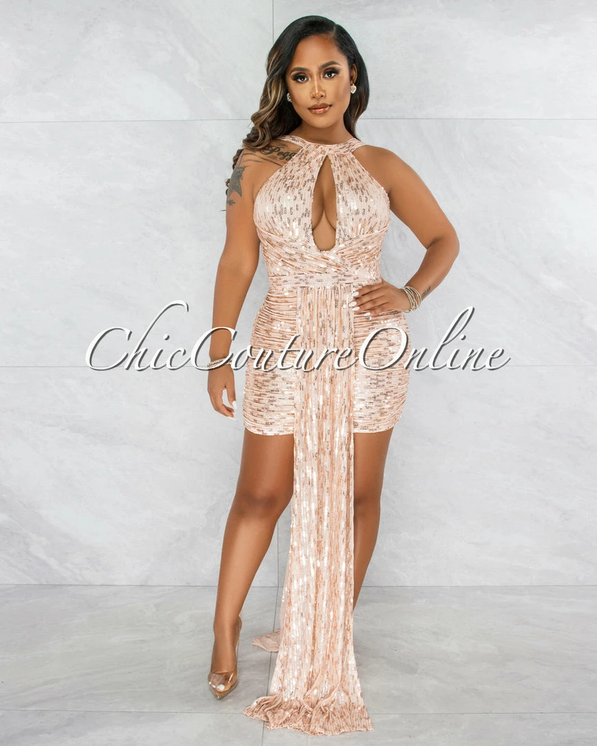 Vendor-unknown Guru Nude Rose Gold Sequins Double Tail Mini Dress JUST IN