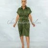 Vendor-unknown JUST IN Valley Olive Green Drape Self-Tie Belt Shirt Midi Dress