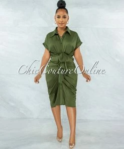 Vendor-unknown JUST IN Valley Olive Green Drape Self-Tie Belt Shirt Midi Dress