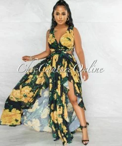 Vendor-unknown Jomey Black Yellow Print Back Lace-Up Maxi Ruffle Dress JUST IN