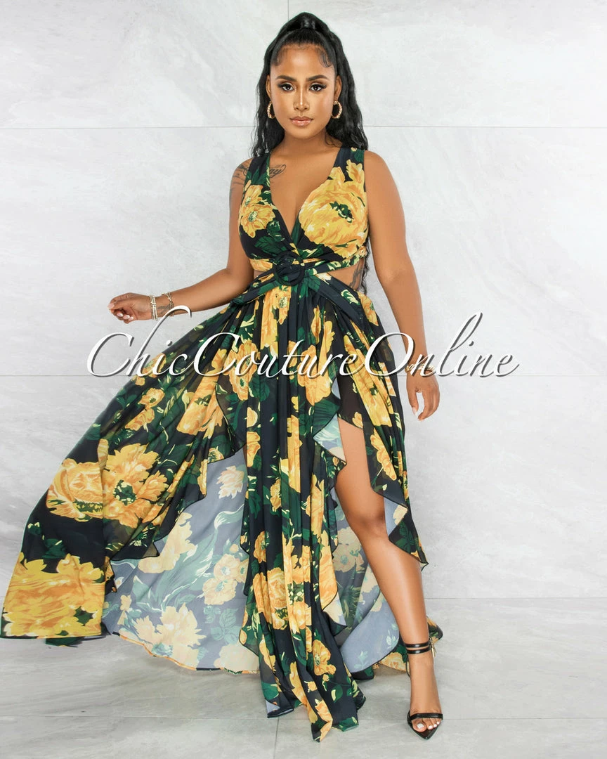 Vendor-unknown Jomey Black Yellow Print Back Lace-Up Maxi Ruffle Dress JUST IN