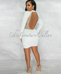 Vendor-unknown Yecenia Off-White Nude Mesh Rhinestones & Pearls Mini Dress