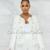 Vendor-unknown JUST IN Ledell Off-White Gold Buttons Décor Tweed Fringe Jacket