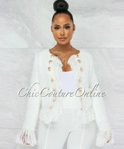 Vendor-unknown JUST IN Ledell Off-White Gold Buttons Décor Tweed Fringe Jacket