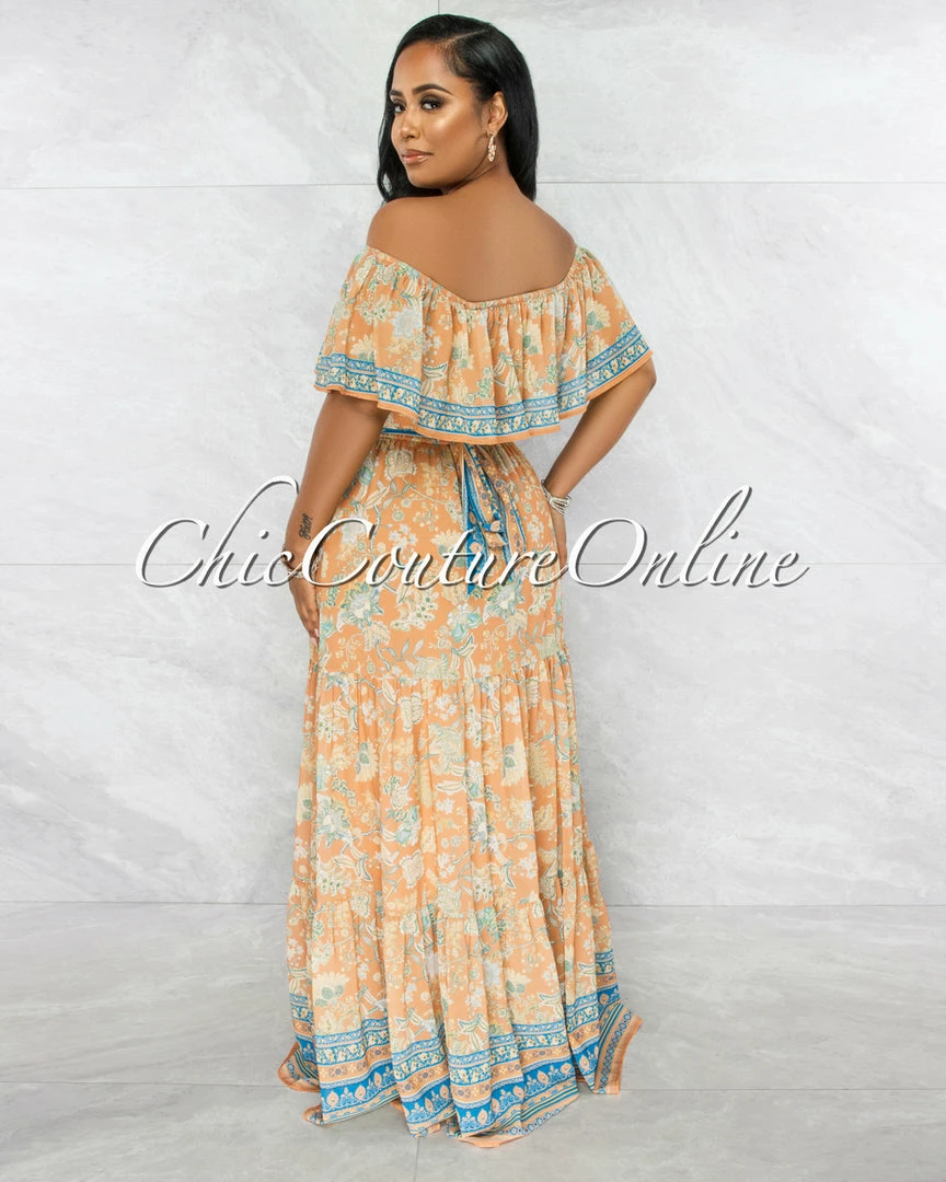 Vendor-unknown Rudella Apricot Blue Print Off-The Shoulder Ruffle Maxi Dress JUST IN
