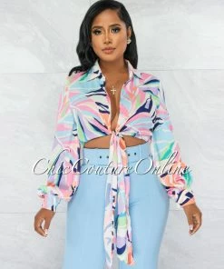 Chic Couture Online Mehadi White Multi-Color Print Self-Tie Crop Top JUST IN