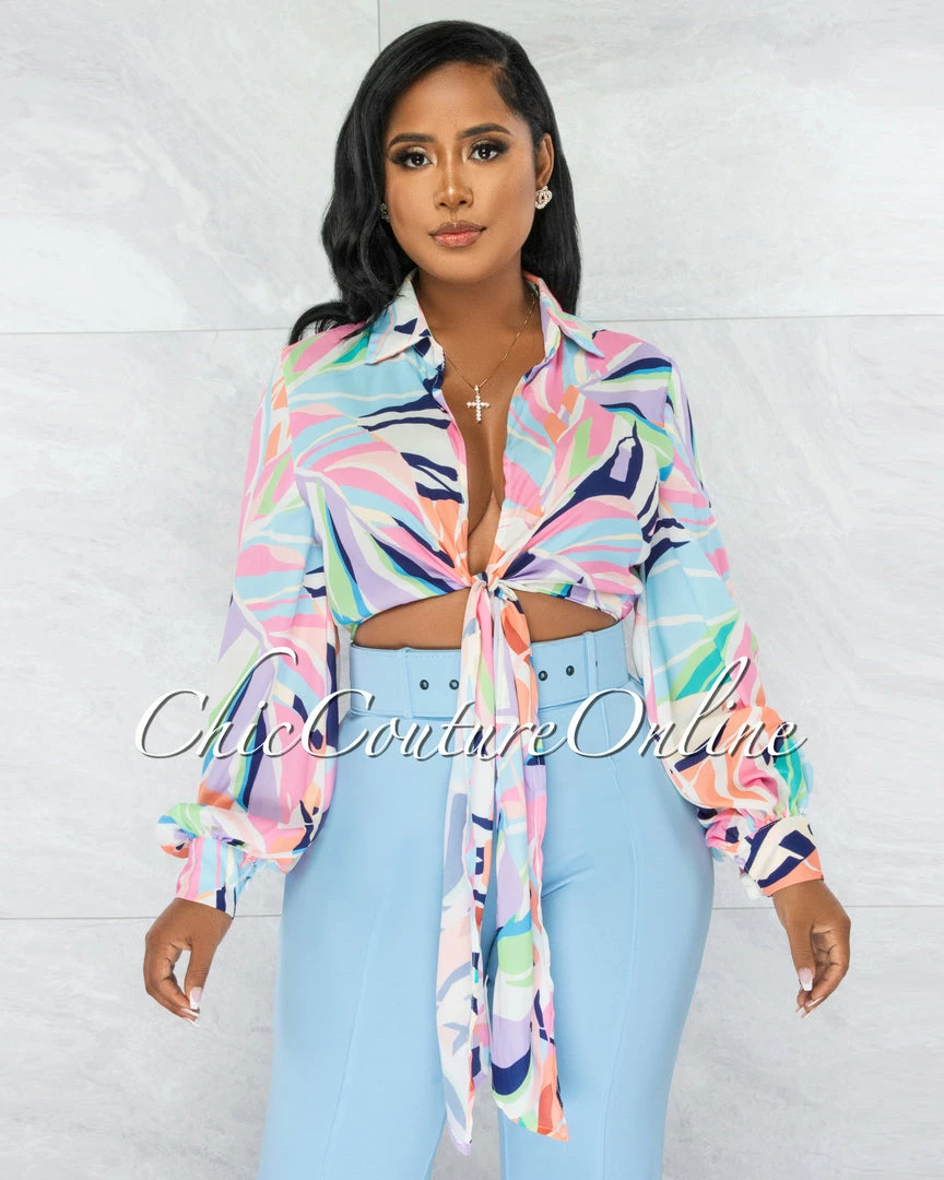 Chic Couture Online Mehadi White Multi-Color Print Self-Tie Crop Top JUST IN