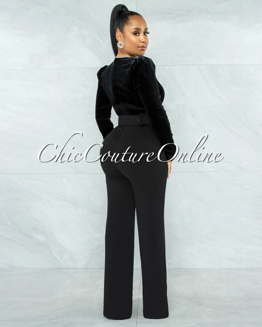 Vendor-unknown Lapis Black Velvet Rhinestones Details Top Belt Jumpsuit