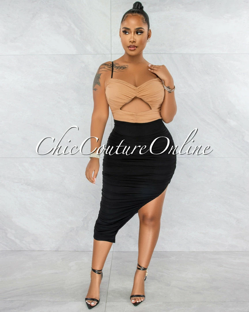 Vendor-unknown Tanny Black Nude Mesh Ruched Two-Tone Midi Dress