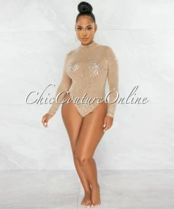 Chic Couture Online JUST IN Moore Nude Silver Mesh Rhinestones Bodysuit